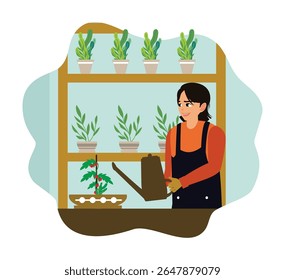 Uma mulher aproveita seu tempo livre em casa. Jovem mulher regando plantas em prateleiras na sacada da casa.