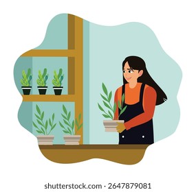 Uma mulher aproveita seu tempo livre jardinando em casa. A mulher cuida das plantas de casa nas prateleiras.