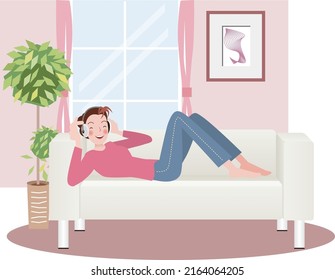 A woman enjoys listening to music with headphones while relaxing on the sofa in her living room.vector illustration
