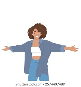 Woman enjoys the moment with her arms outstretched. Flat vector Character Illustration