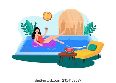 A woman enjoys a morning swim in the hotel pool during her vacation.