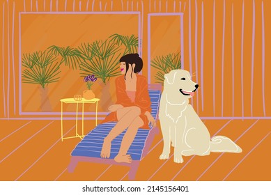 Woman enjoys nature while sits relaxed on sunbed at house terrace with big white dog. Concept of relaxation and friendship with pets. Vector illustration