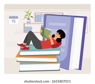 A woman enjoys reading a book while reclining on oversized stacked books, set in a well-decorated interior space with shelves and wall details, symbolizing learning, relaxation.