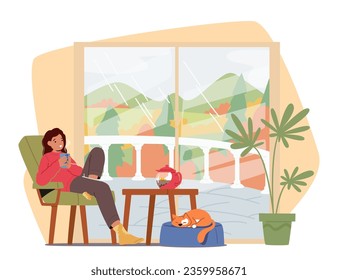 La Mujer Disfruta Tomando Té, Creando Un Ambiente Acogedor De Otoño Dentro De Su Casa, Indultando En Momentos Confortables De Relajación. Personaje femenino relajado y su gato. Ilustración de vectores de personas de caricatura