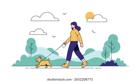 A woman enjoys a sunny day walking her small dog through a vibrant green park with fluffy clouds and trees overhead