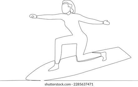 A woman enjoys surfing in the sea. Surfing one-line drawing