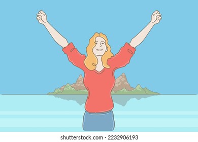 A woman enjoys a vacation at sea. Woman with raised hands. Vacation on a tropical island.Hand drawn style vector illustrations. Line character design.
