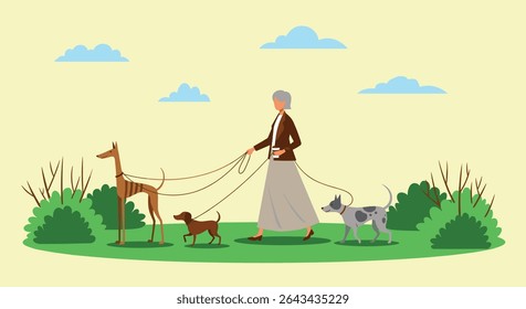 A woman enjoys walking her dogs in the park on a sunny day
