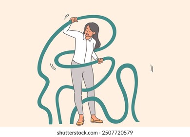 Woman is entangled in problems and troubles, and needs help to get out of binding ropes. Accumulated problems risk bankrupting businesswoman who has become victim of financial crisis