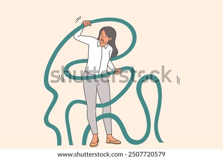 Woman is entangled in problems and troubles, and needs help to get out of binding ropes. Accumulated problems risk bankrupting businesswoman who has become victim of financial crisis