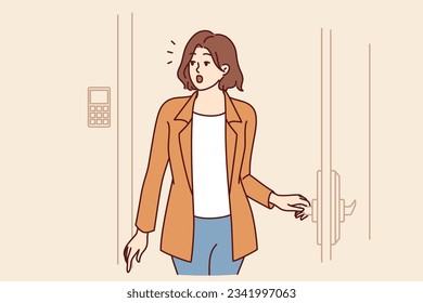 Woman enters hotel room and marvels at nice interior of temporary accommodation booked for vacation or weekend. Girl tourist stands at door of hotel apartment and looks around in surprise