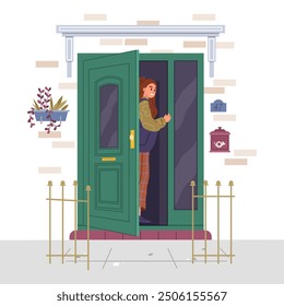 Woman enters house opening door and turning around to look out. Young girl stands on porch of dwelling near entrance and says goodbye after date or walk. girl standing in doorway entrance to house