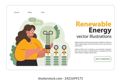 Woman enthusiastically demonstrates renewable energy solutions. Charging batteries showcase green power storage. Sustainable future initiative. Flat vector illustration.