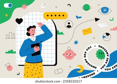 woman entrepreneur around which the symbols of tasks, cases, the path of advancement. A metaphor for the female problem of multitasking, social roles, success in all areas of life.