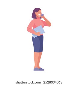 Woman Entrepreneur Character Standing with Laptop Speak Phone Vector Illustration