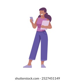 Personaje de mujer emprendedora de pie con Ilustración vectorial de teléfono inteligente