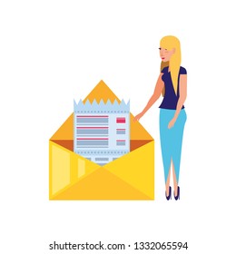 woman and envelope mail with voucher isolated icon