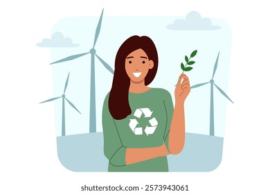 Woman environmental activist stands near wind turbines that generate green energy and save planet from disaster. Girl eco volunteer calls for responsibility and increased awareness about wind energy