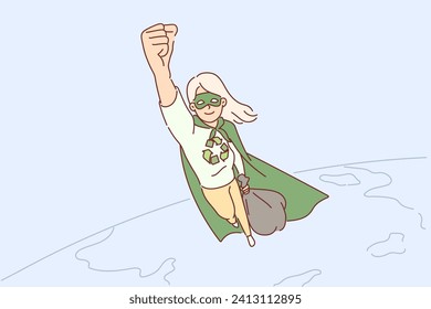 Woman environmental superhero saves planet from garbage by flying over globe to avoid nature pollution. Eco activist girl in hero cloak wants to protect people from environmental problems