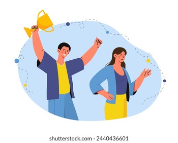 Woman with envy. Man with golden cup and young girl with jealousy. Negative feelings and emotions. Unhappy and happy characters. Cartoon flat vector illustration isolated on white background