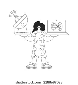 Woman equipped with antenna and laptop, working to interface with IoT data, in a geometric, linear style