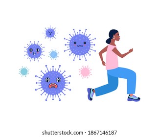 Woman escapes from coronavirus. Coronavirus control concept. Vector illustration in a flat style