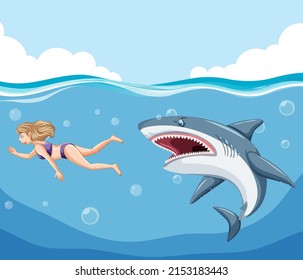 A woman escaping from aggressive shark in the water illustration