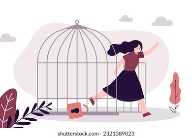 Woman escaping from the cage. Female character steps out of prison. Girl getting out of tight space. Freedom, mental health issues, taking new opportunities concept. Equality, feminism. Human rights.