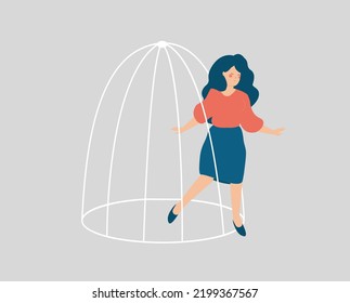 Woman escaping from a cage. Female steps out of prison. Girl getting out of a tight space. Concept of freedom, mental health disorders, rehabilitation, taking new opportunities and challenges.