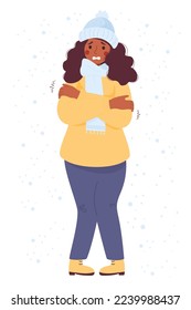 Woman ethnic black freezing wearing winter clothes shivering under snow. Cartoon flat vector illustration. Concept Winter season and suffering of low degrees temperature.
