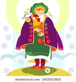 A woman in ethnic clothes hugs a rooster. Illustration about the arrival of spring, love, hope and warmth.