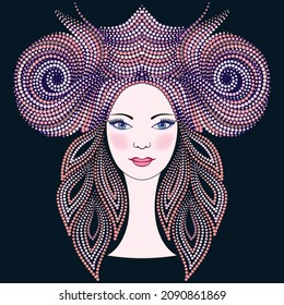 A woman in an ethnic headdress. Beautiful dotted pattern for design. Vector clipart.