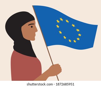 Woman with EU flag isolated. Flat vector stock illustration. Migrant in Europe. The concept of migration in the European Union, multicultural society, Islamic women. Patriotism in the European