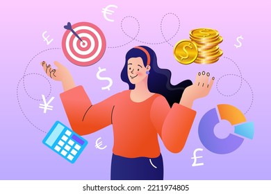 Woman Evaluates Financial Income. Thinking About Finances. Family Budget And Savings, Choosing Best Investment Strategy. Business People Setting Financial Goals. Cartoon Flat Vector Illustration.