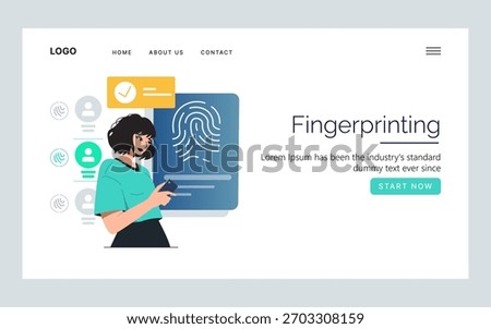 Woman evaluating fingerprint data on a digital interface. This vector illustration showcases technology, security, and modern digital identification concepts, highlighting user interactions.