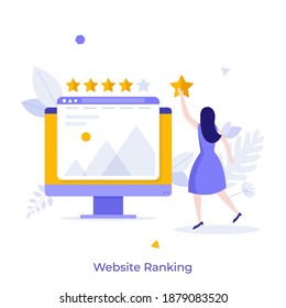Woman evaluating website with five stars and computer screen. Concept of customer feedback score, rating, ranking, review, internet site user experience evaluation. Flat vector illustration for poster