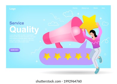Woman evaluating website with five stars. customer feedback score, rating, ranking, review, internet site user experience evaluation. brand persona. Marketing research abstract concept vector.
