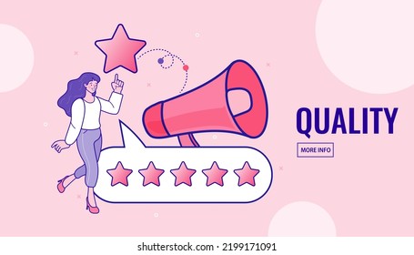 Woman evaluating website with five stars. customer feedback score, rating, ranking, review, internet site user experience evaluation. brand persona. Marketing research abstract concept vector.