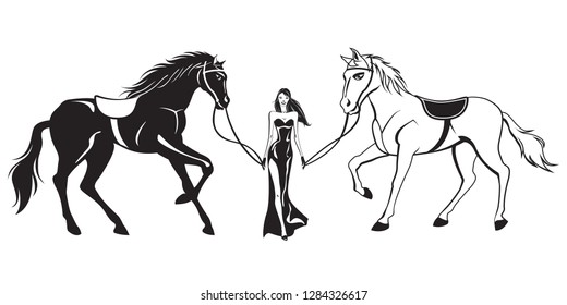 Woman in evening dress leads two racing horses - vector illustration,