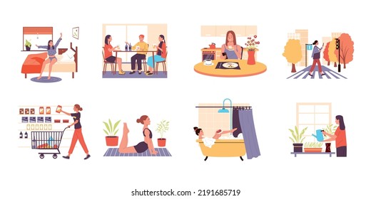 Woman everyday life. Cartoon girl daily routine scenes, female person shopping, have lunch, spending time friends, relaxing and doing yoga. Vector isolated set of daily everyday character