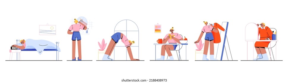 Woman everyday morning routines. Vector flat illustration of girl wakeup in bed, clean teeth, doing yoga, eat breakfast, choose clothes, skincare and makeup