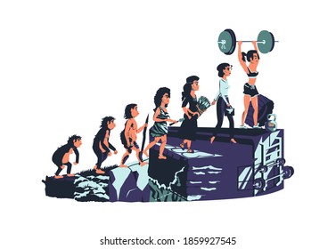 Evolución de la mujer línea de tiempo vector de ilustración de dibujos animados concepto Desarrollo femenino desde el mono, el primate erectus, la Edad de Piedra, el agricultor a la mujer de moda moderna y la chica de fitness con la barbacoa