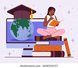 Woman with exam concept. Distant education and learning. Student with textbooks and graduation hat or cap. Remote courses and lessons. Cartoon flat vector illustration isolated on violet background