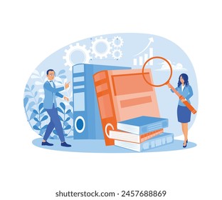 A woman examines financial documents. Accountants fill out accounting books. Accounting concepts. Flat vector illustration.