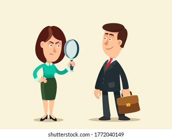 A woman examines a man through a magnifying glass in her hand. Search for a candidate for husbands, personnel department in the company. Vector illustration, flat cartoon style, isolated.