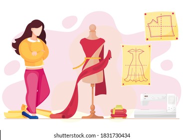 Woman examines a mannequin with red textile for future dress. Parameter measurement. Seamstress sews clothes to order for customers. Sewing machine. Clothing marking. The girl works in the atelier