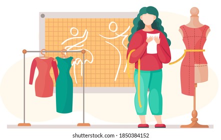 Woman examines a mannequin with red textile for future dress. Parameter measurement. Seamstress sews clothes to order for customers. Sewing workshop. Clothing marking. The girl works in the atelier