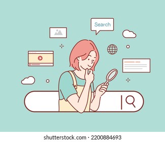 woman examines through a magnifying glass with search engine button. Hand drawn style vector design illustrations.