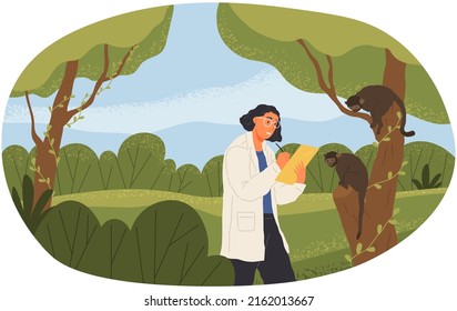 Woman Examines Wildlife Of Forest Or Jungle. Female Researcher Analyzes Behavior Of Monkeys On Tree. Ecological Research, Nature Exploration Concept. Scientist Watching Wild Animals In Habitat