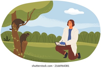 Woman Examines Wildlife Of Forest Or Jungle. Female Researcher Analyzes Behavior Of Monkeys On Tree. Ecological Research, Nature Exploration Concept. Scientist Watching Wild Animals In Habitat